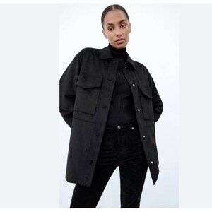 Zara Women's Size Large Black Faux Suede Button Snap Shacket